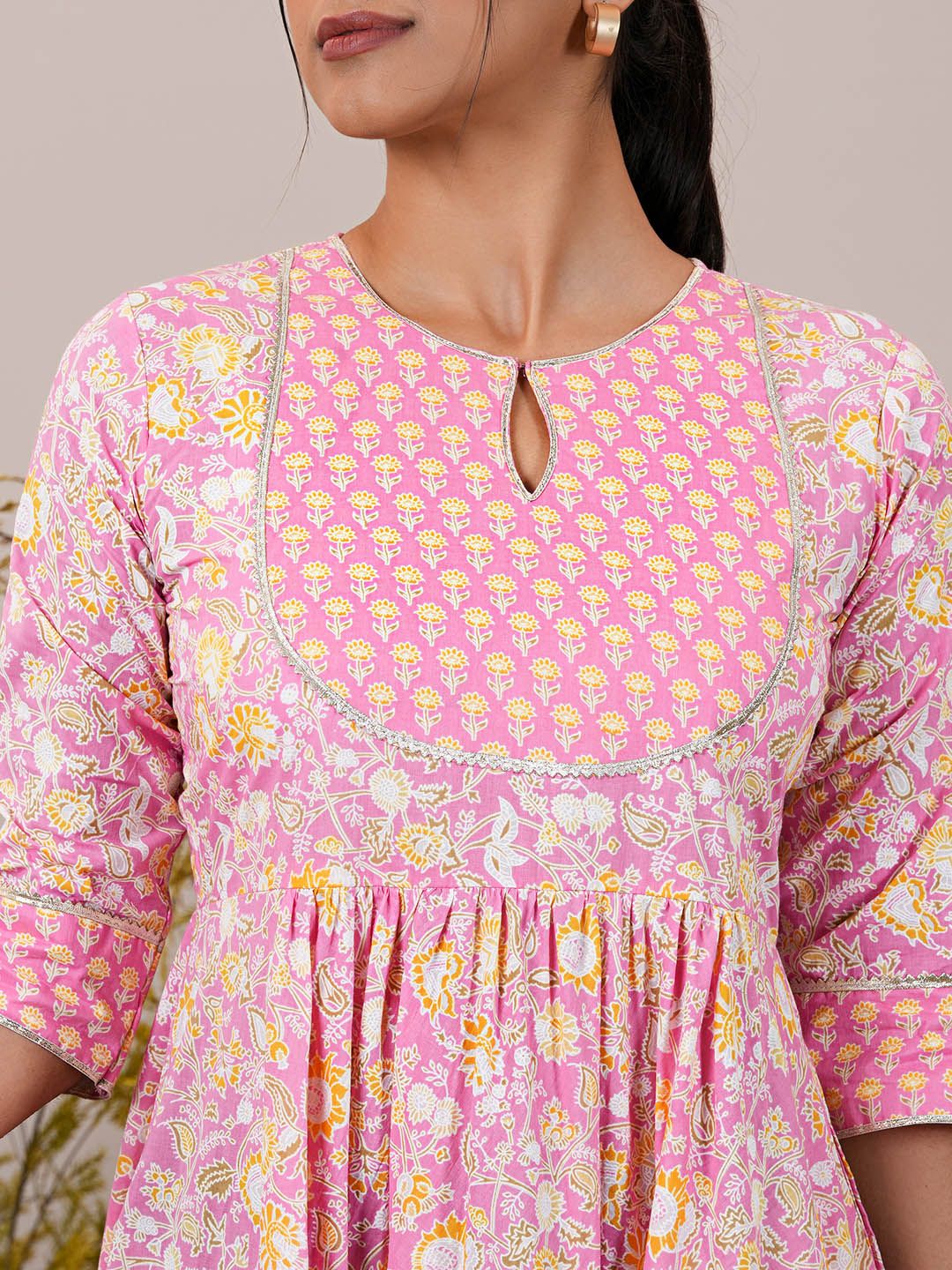 Libas Floral Yoke Design Pleated Gotta Patti Pure Cotton Kurta with Trousers & Dupatta