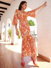 STREET 9 Floral Printed Bell Sleeves Georgette Maxi Dress