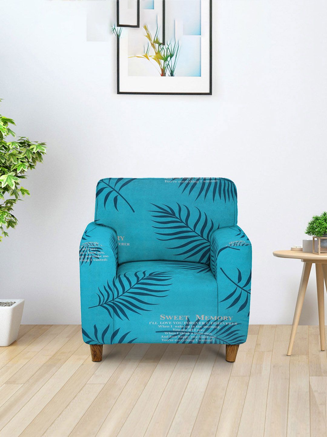 Cortina Teal Biru &amp; Hitam Sarung Sofa 1 Tempat Duduk Bercetak Unik Tidak Licin