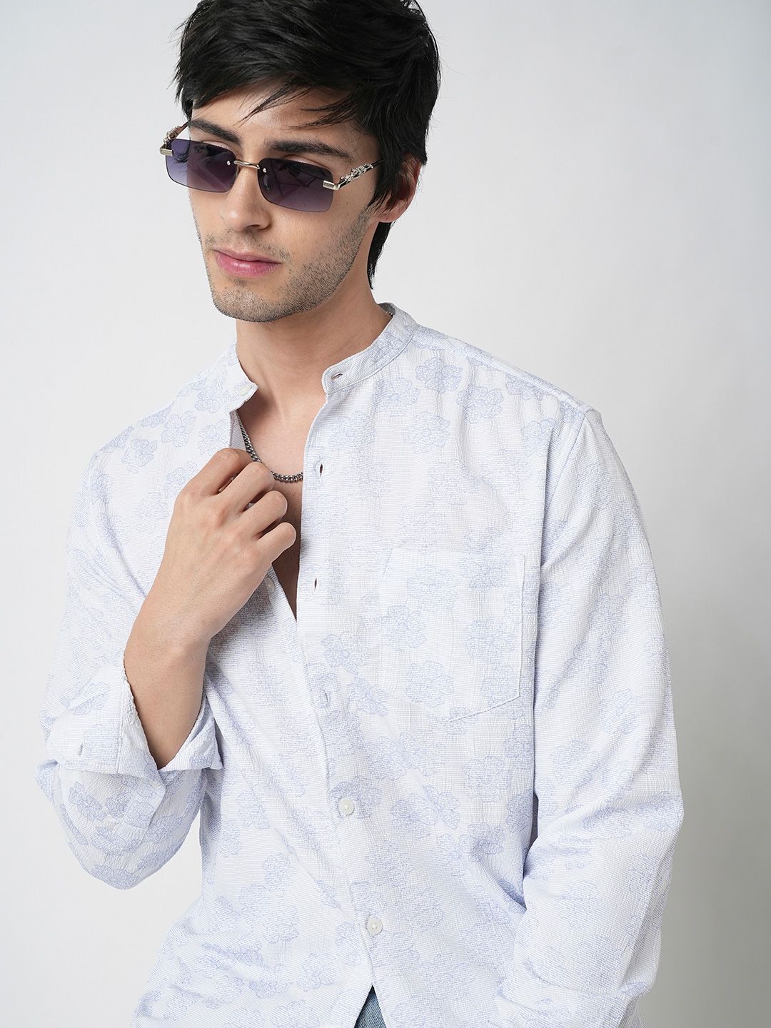 VASTRADO Men Classic Band Collar Floral Printed Slim Fit Casual Shirt