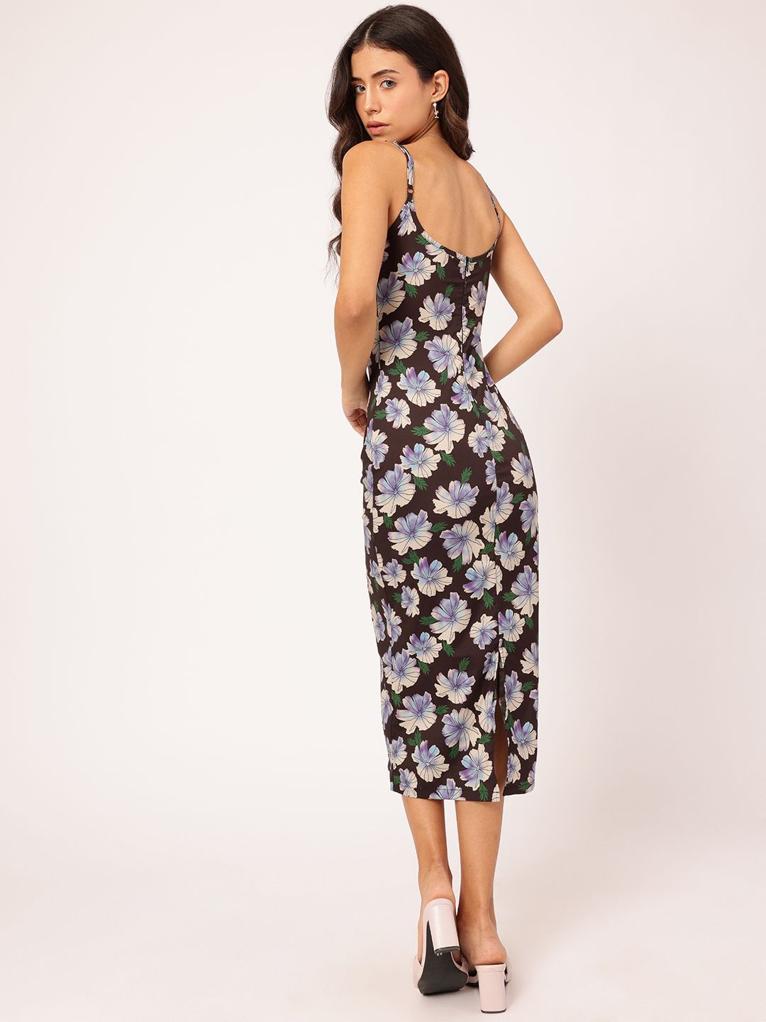 DressBerry Floral Printed Shoulder Straps Sheath Midi Dress
