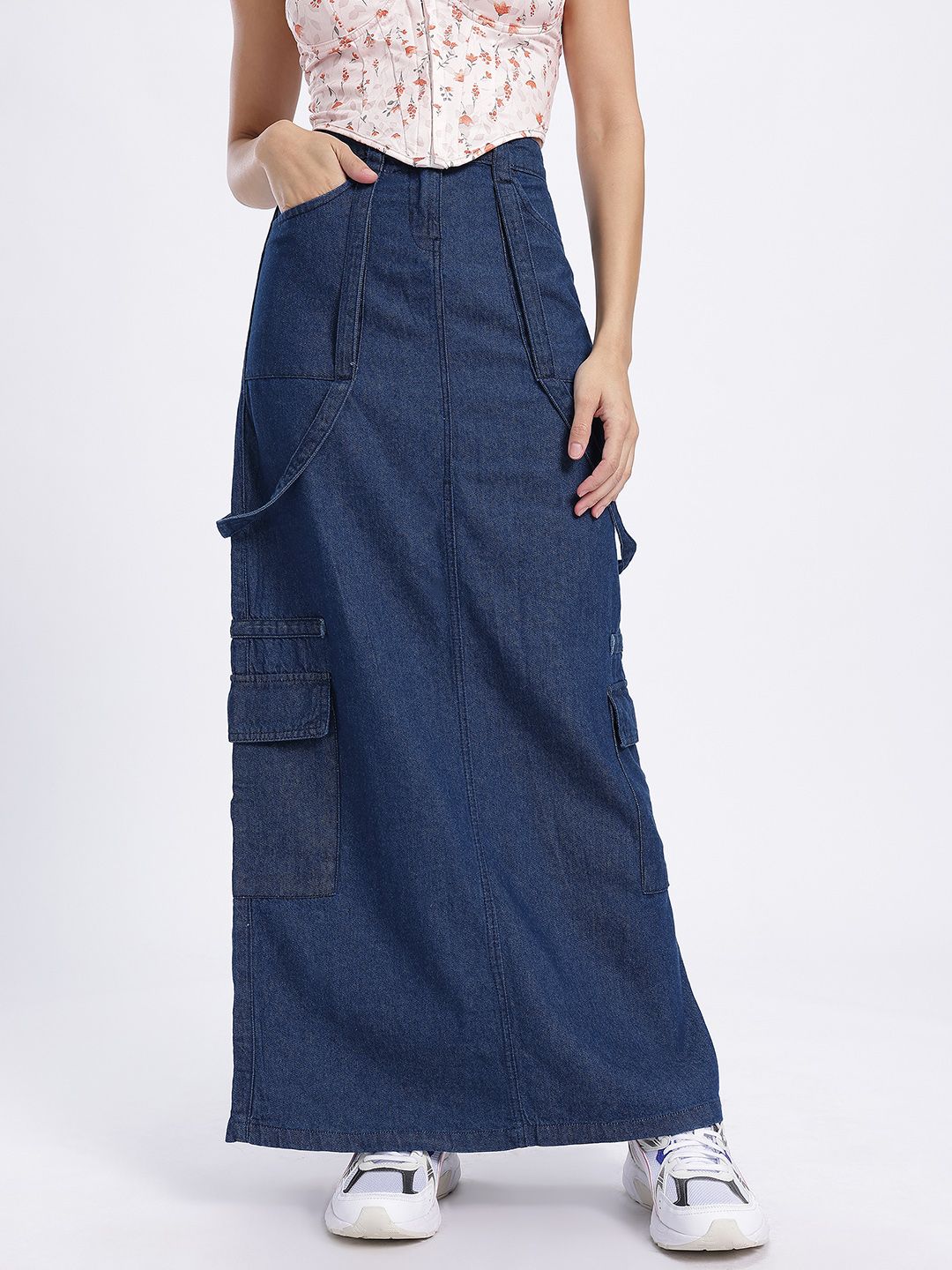 DressBerry Women Cargo Style Denim Maxi Skirt