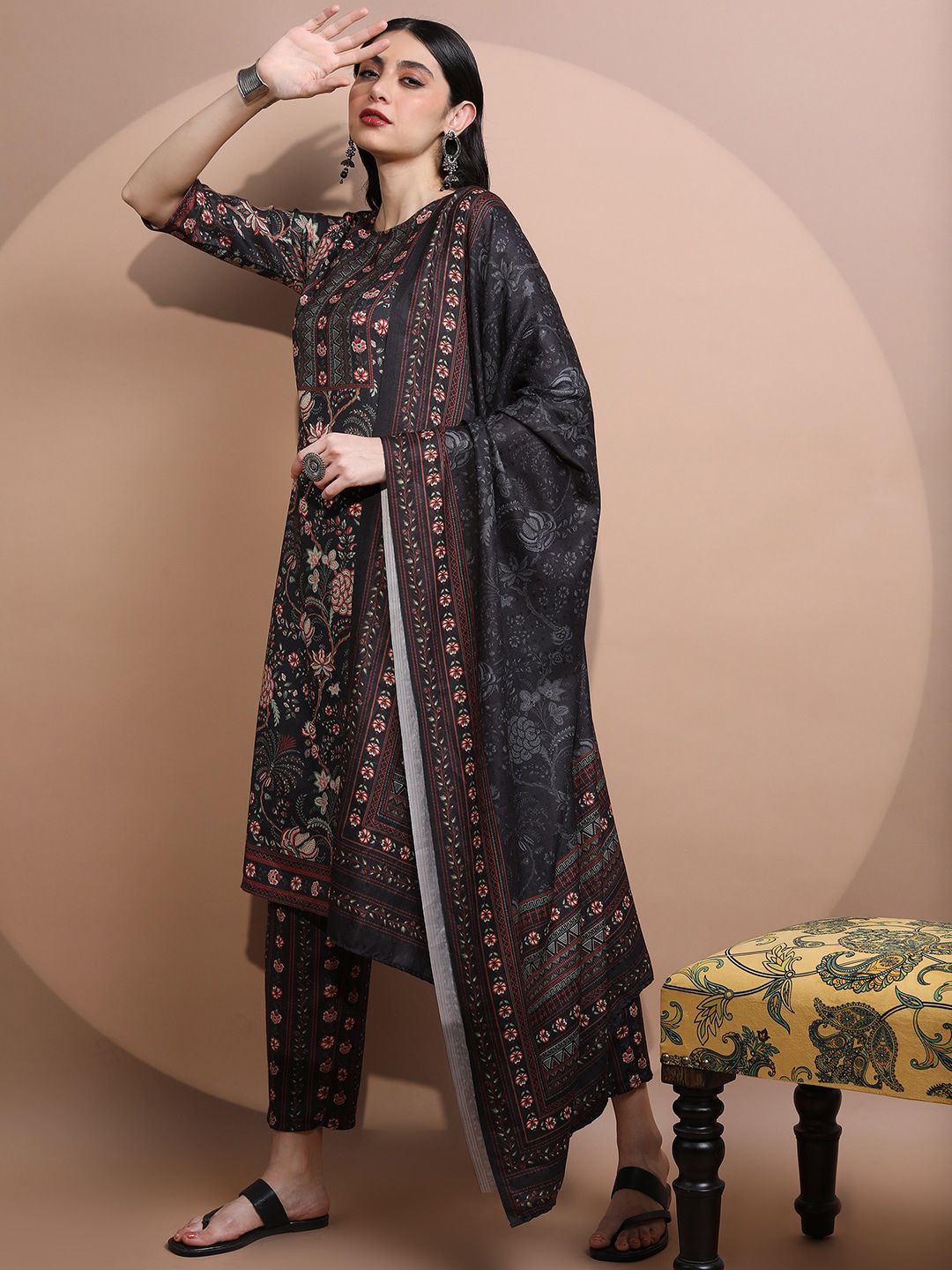 Vishudh Women Faux Pashmia Floral Printed Kurta with Palazzos & Dupatta