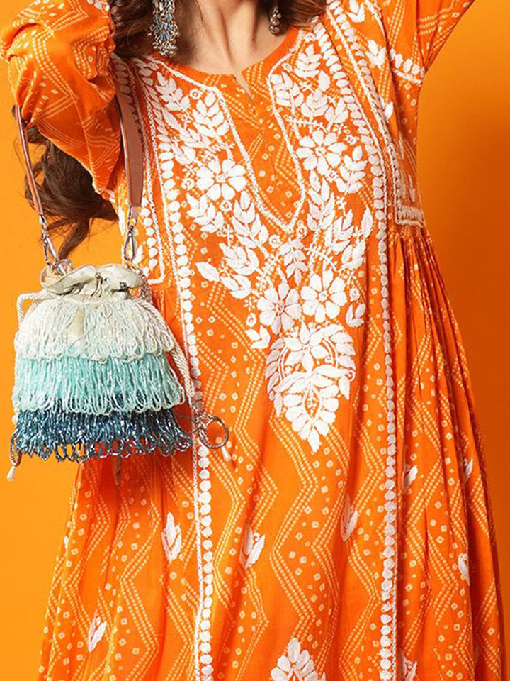 Rumah Wanita Chikankari Kurta Bersulam Mulmul Chikankari Jingga