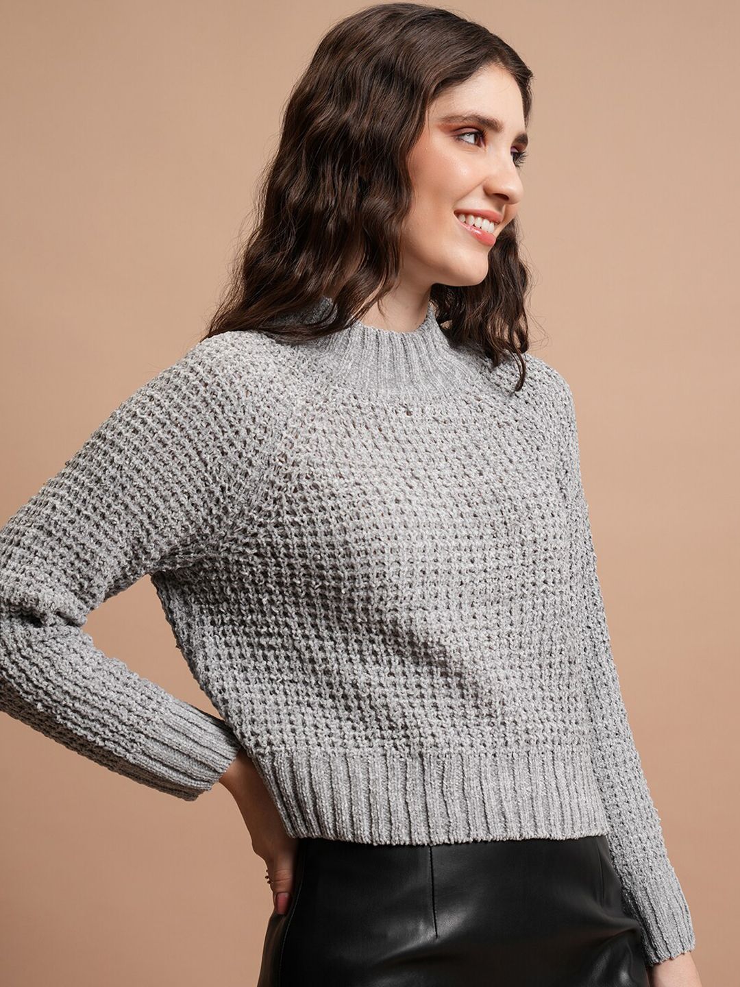 Tokyo Talkies Grey Self Design Turtle Neck Acrylic Pullover