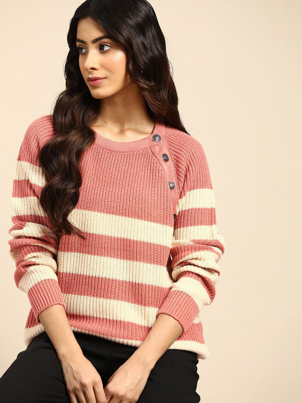 all about you Women Pink & Cream-Coloured Striped Button Detail Pullover