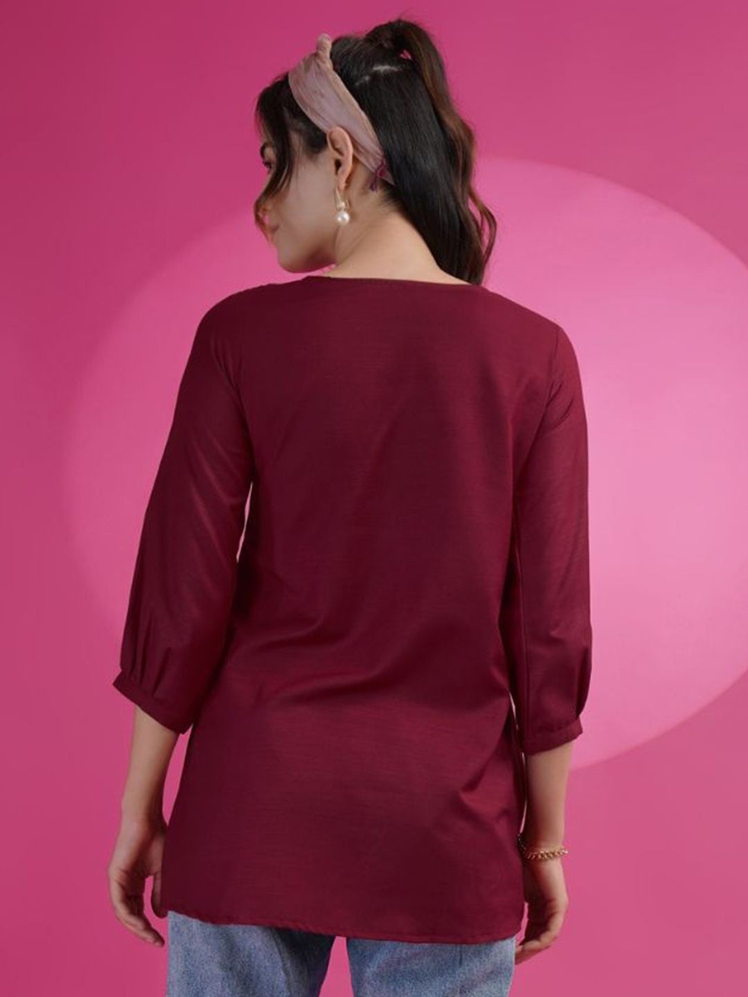 KALINI Embroidered Round Neck Mirror Work A-Line Kurti