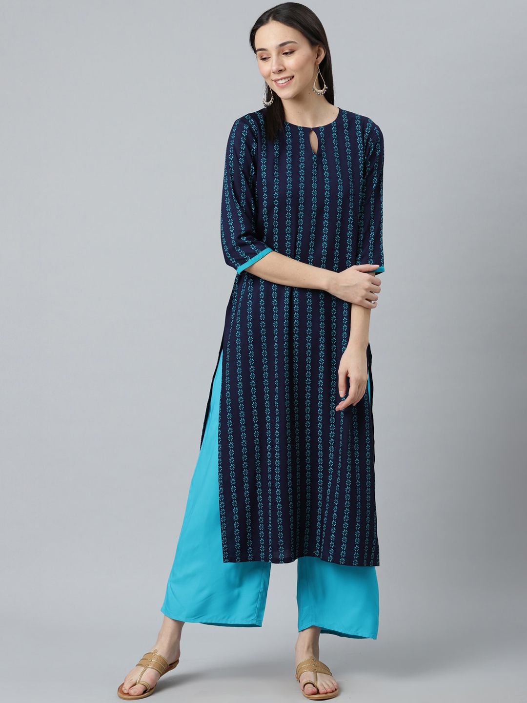 Libas Women Blue Striped Keyhole Neck Kurta