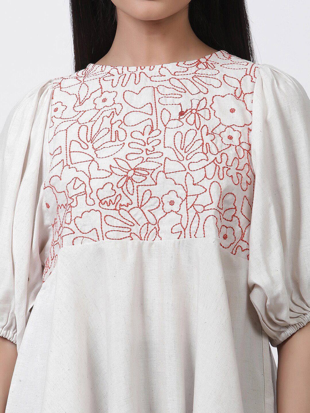 W Embroidered Puffed Sleeves A-Line Top
