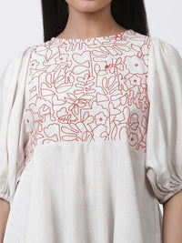 W Embroidered Puffed Sleeves A-Line Top