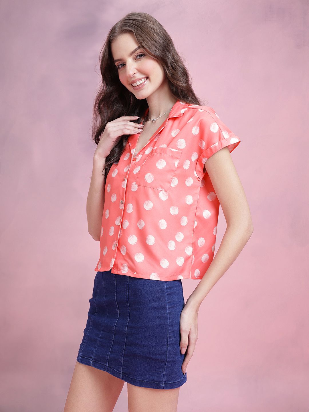 DressBerry Polka Dot Print Extended Sleeves Shirt Style Top