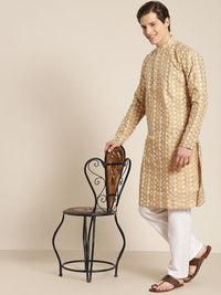 SOJANYA Lelaki Motif Etnik Emas & Putih Sulam Kurta