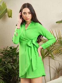 SASSAFRAS Green Cuffed Sleeves Georgette Wrap Dress