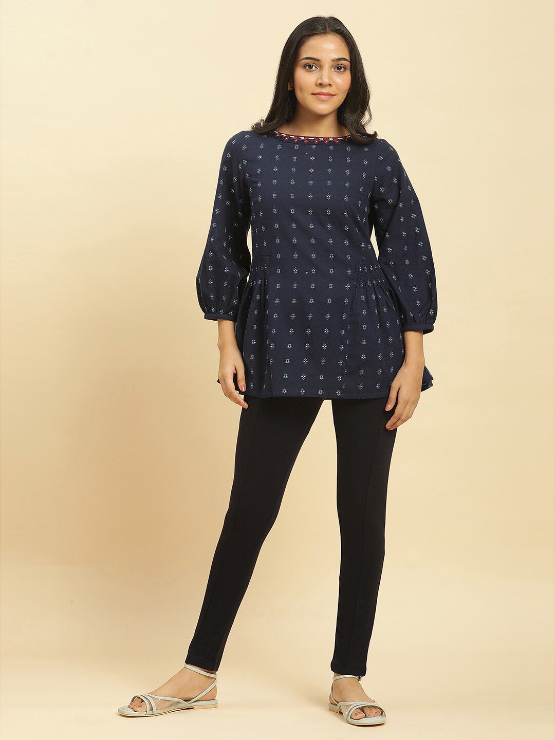 W Ethnic Motifs Printed Puff Sleeves Cotton Peplum Top