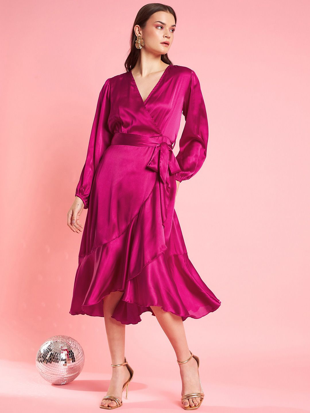 Antheaa Pink Puff Sleeve Layered Satin Wrap Midi Opaque Party Dress