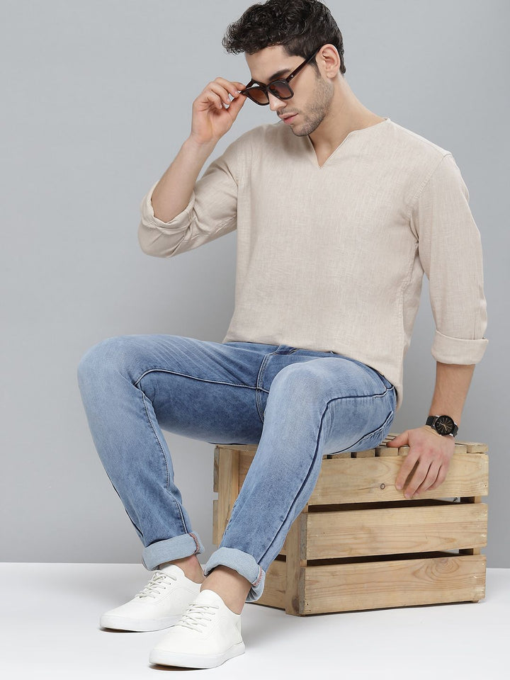 DENNISON Lelaki Beige Comfort Fit Gaya Baju Pejal Kurta