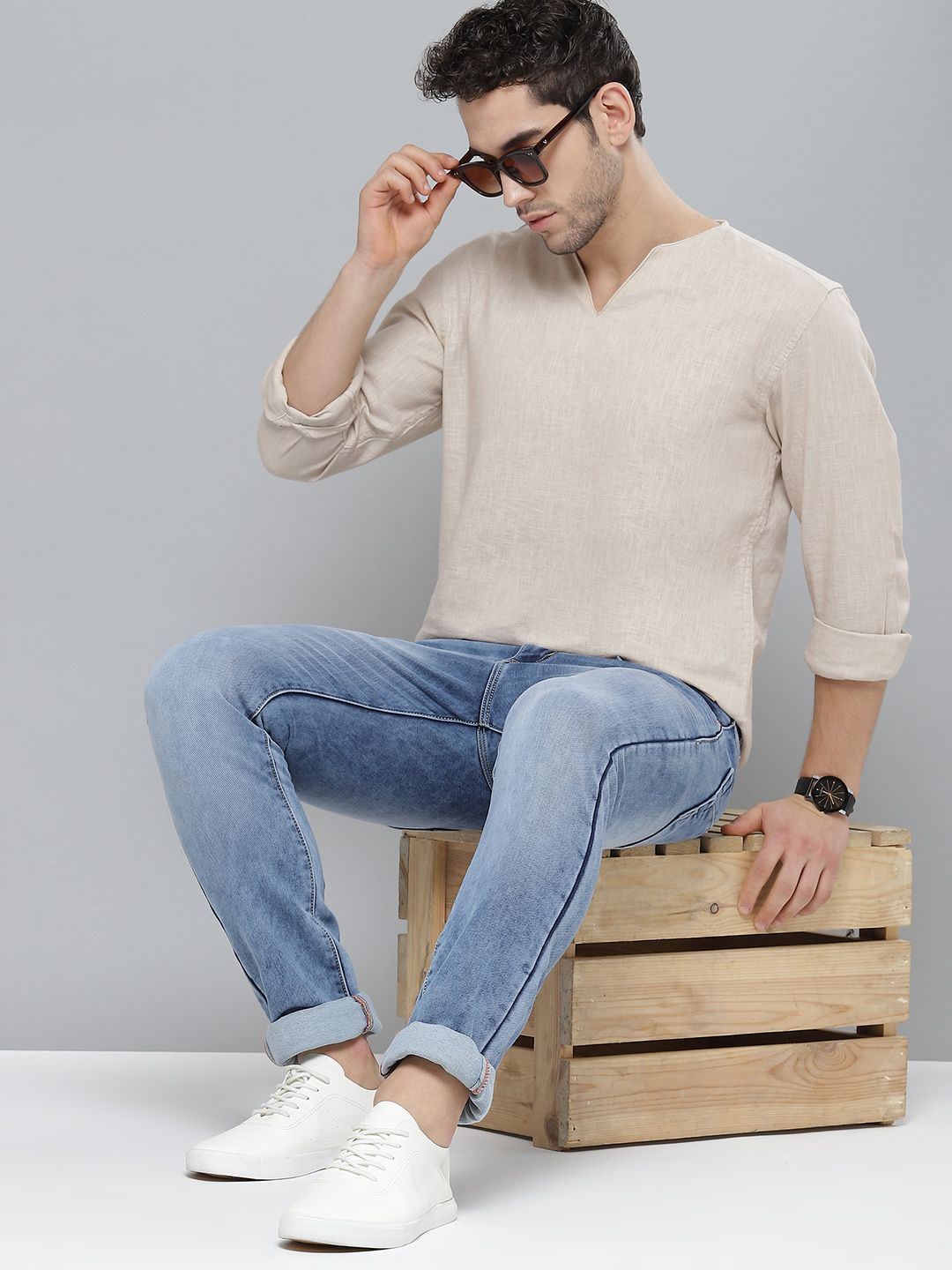 DENNISON Lelaki Beige Comfort Fit Gaya Baju Pejal Kurta