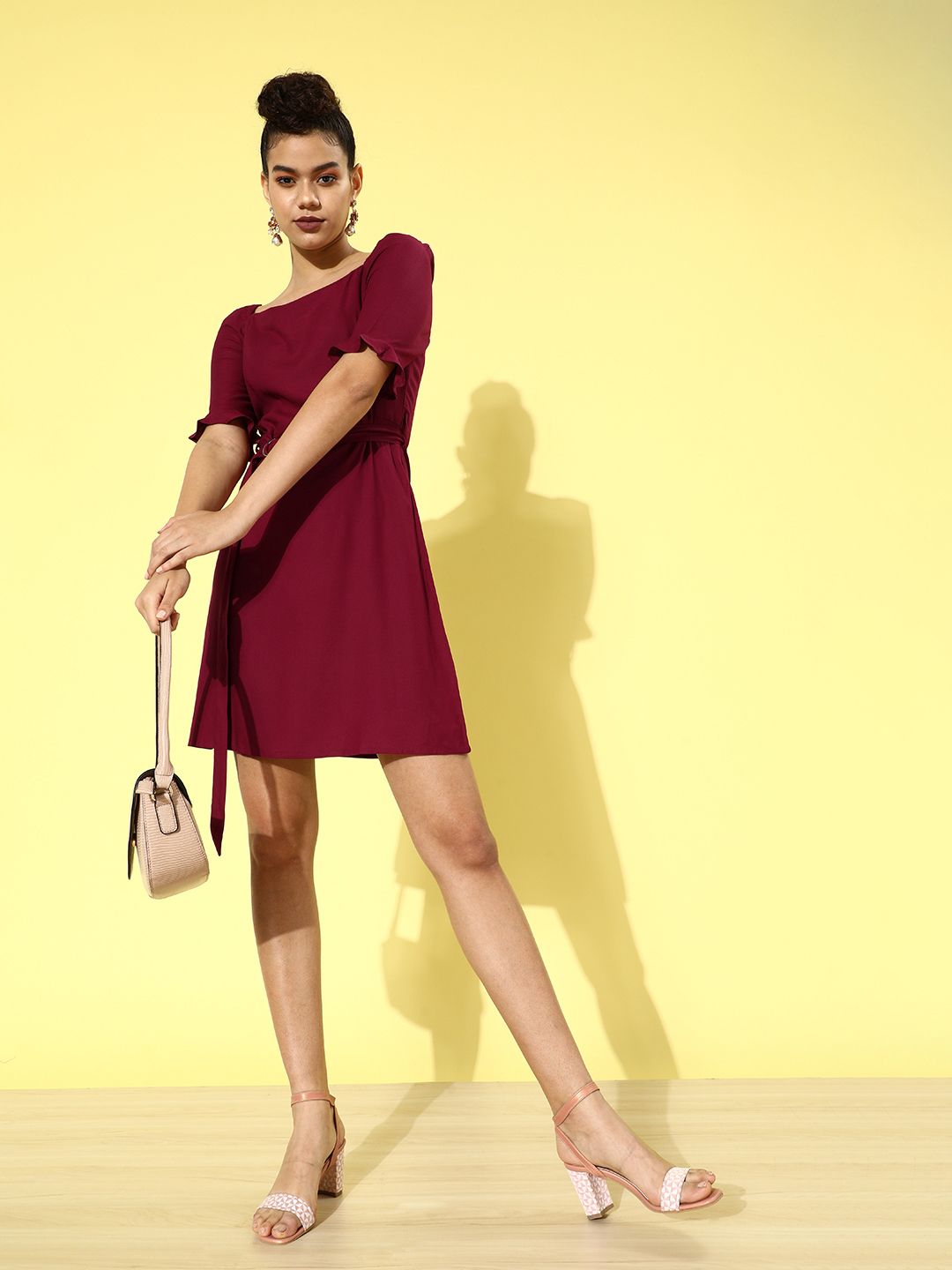 DressBerry Women Maroon Solid Belted Dress