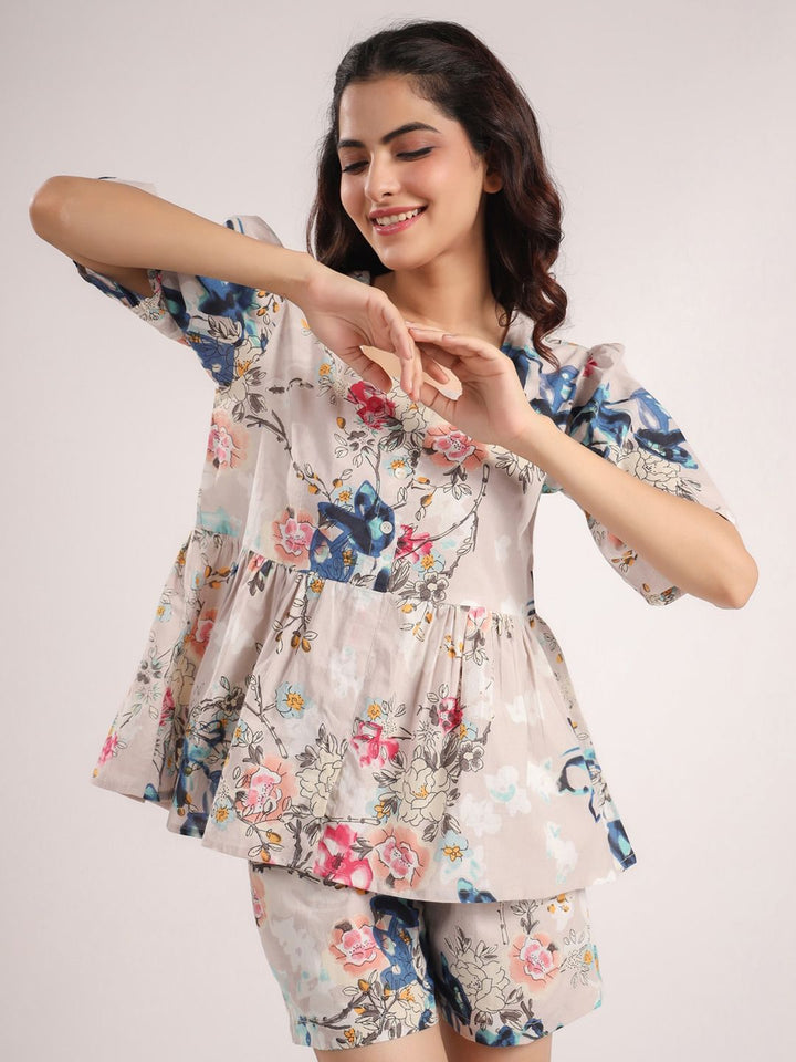 Sanskrutihomes Pink & Blue Pure Cotton Printed Night Suit