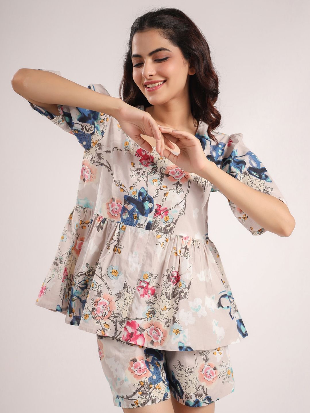 Sanskrutihomes Pink & Blue Pure Cotton Printed Night Suit