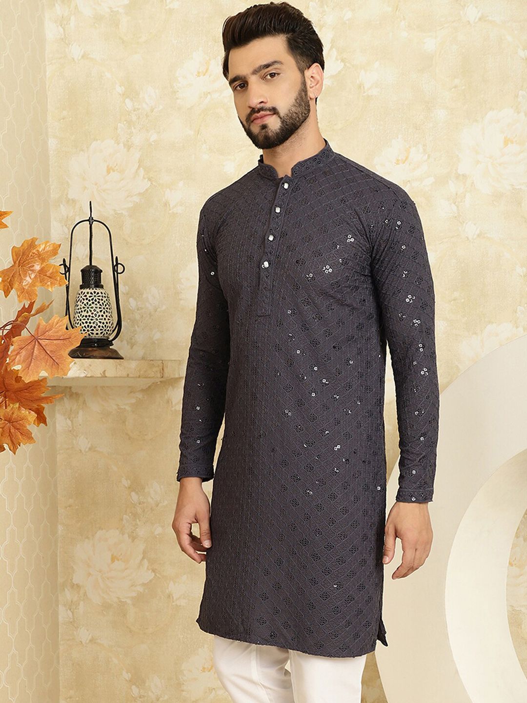 SOJANYA Dihiasi Kolar Mandarin Kurta Kapas Tulen Lurus