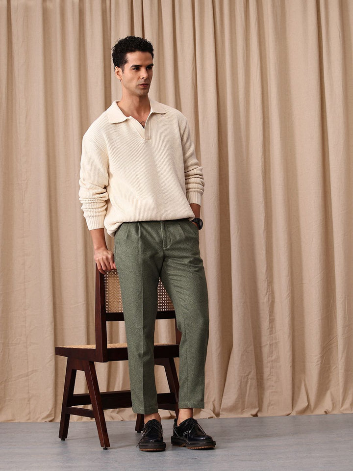 Mr Bowerbird Men Tailored Fit Textured Pleated Trousers