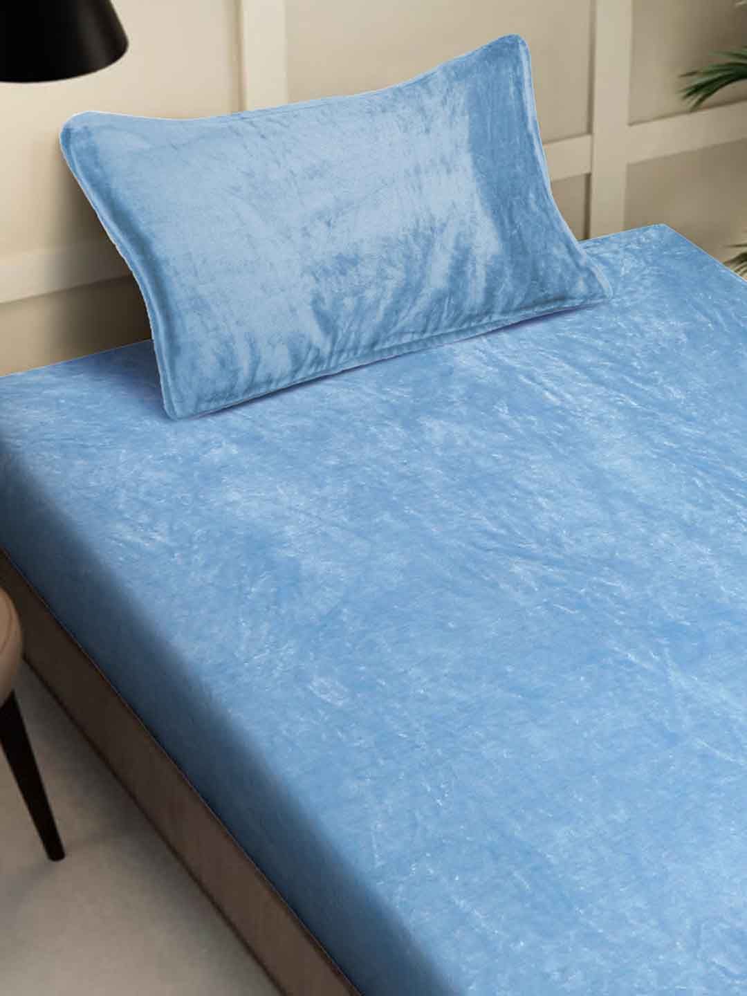 KLOTTHE Blue Solid Flat 300 TC Woolen Single Fine Bedsheet with a Pillow Cover
