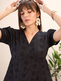SASSAFRAS Black Self Design Schiffli Cotton Peplum Wrap Top