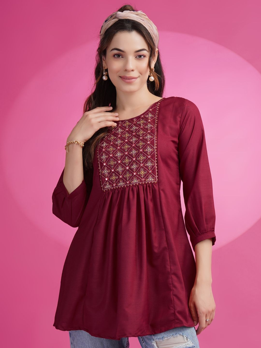 KALINI Embroidered Round Neck Mirror Work A-Line Kurti