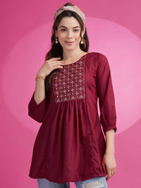 KALINI Embroidered Round Neck Mirror Work A-Line Kurti