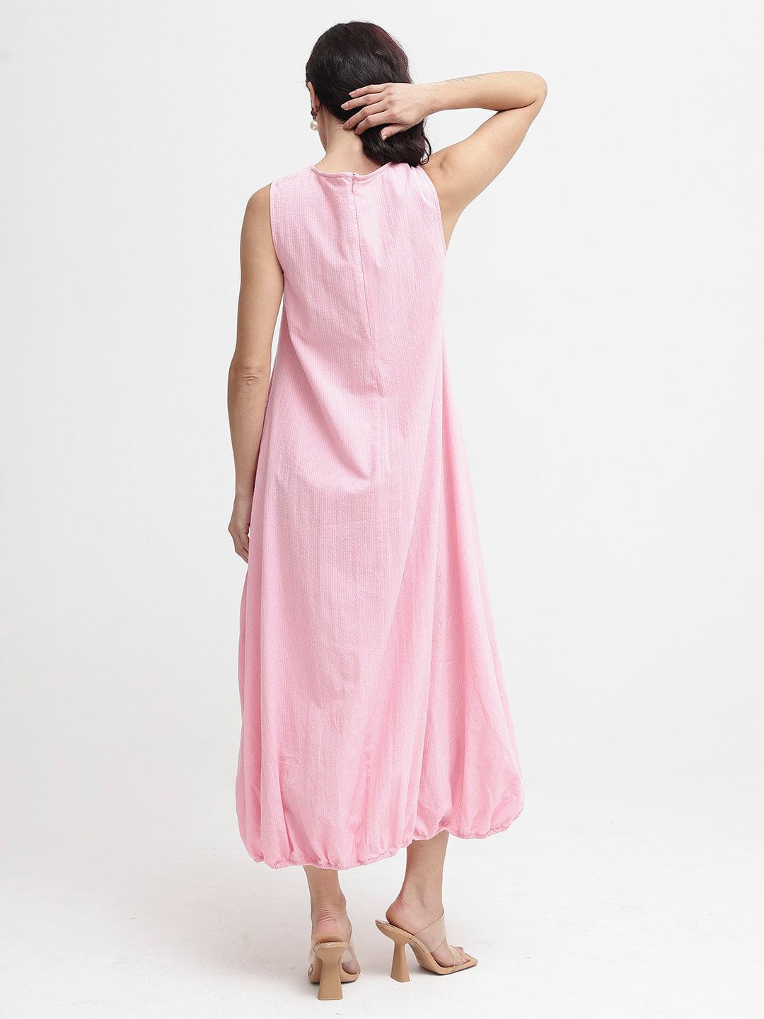 Rareism Wanita Putaran Maxi Kapas Pink Leher Pink