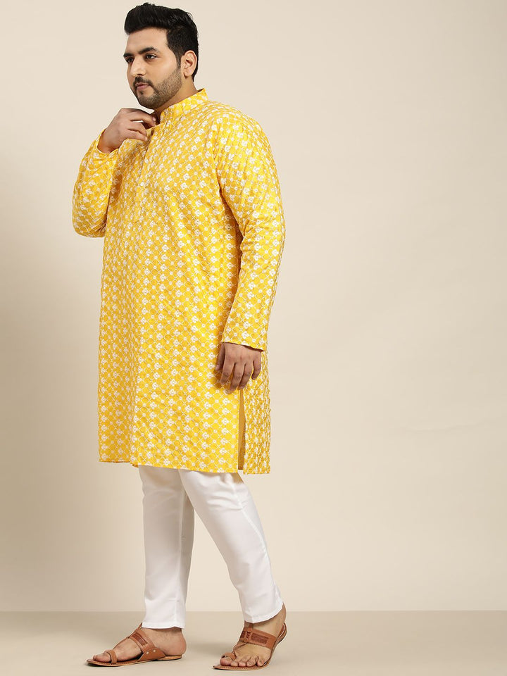 SOJANYA PLUS Men Yellow & White Chikankari Embroidered Kurta with Churidar & Nehru Jacket