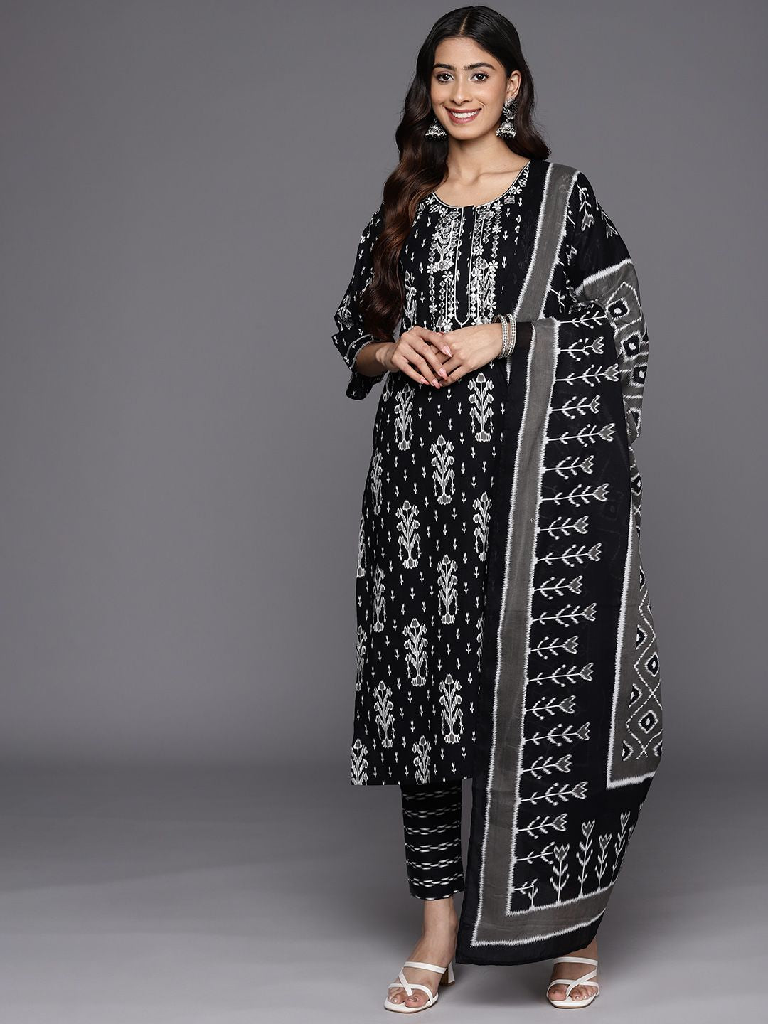 Libas Floral Printed Regular Mirror Work Pure Cotton Kurta With Trousers & Dupatta