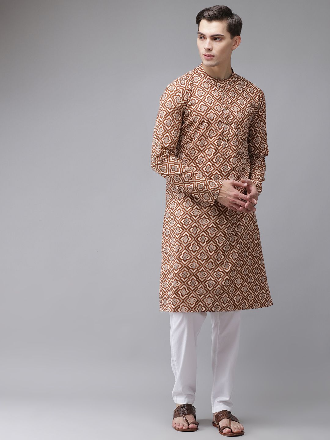 See Designs Men Beige Printed Regular Pure Cotton Kurta with Pyjamas