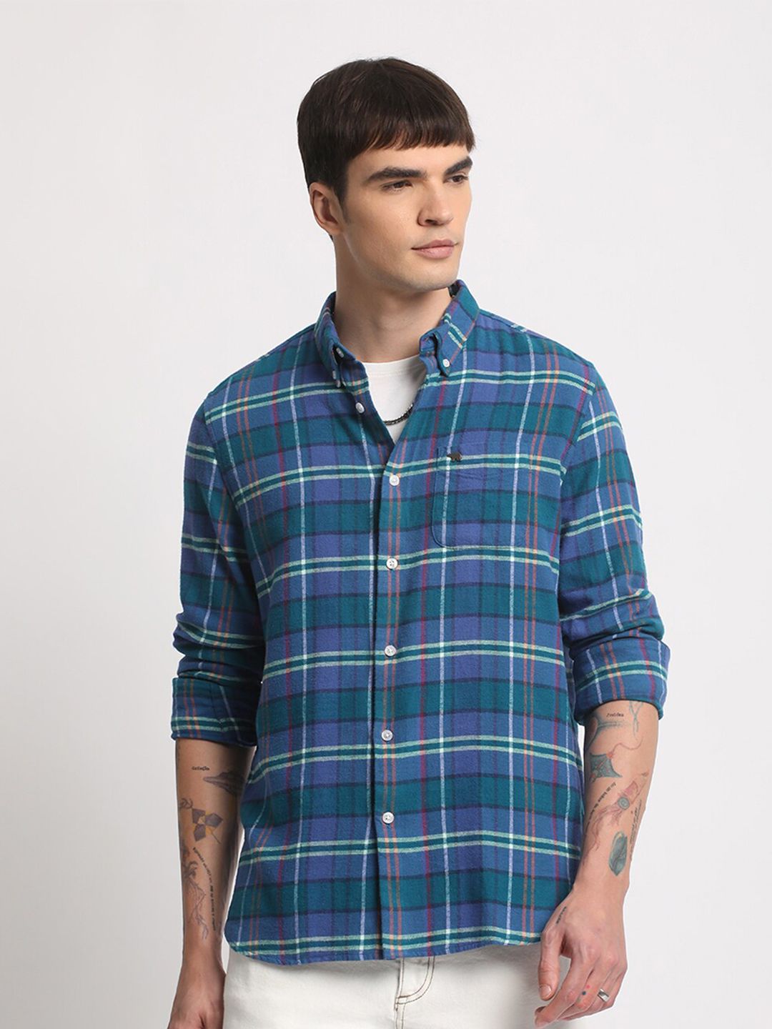 THE BEAR HOUSE Tartan Checked Slim Fit Pure Cotton Casual Shirt