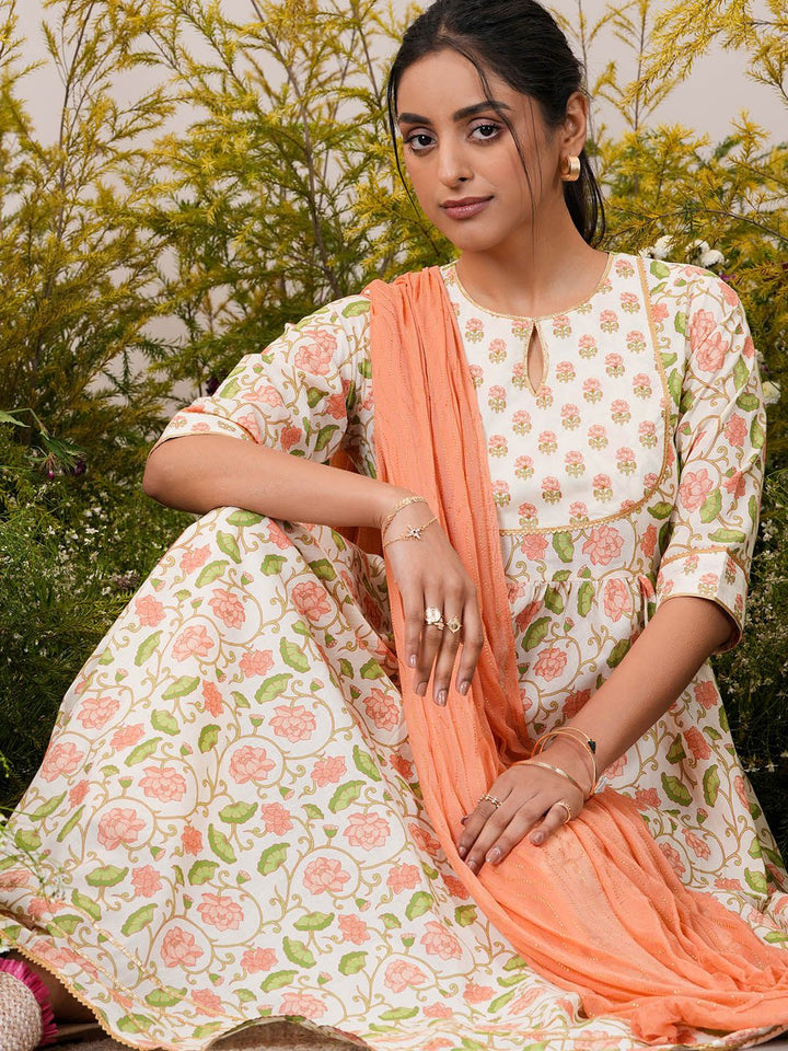 Libas Floral Printed Pleated Gotta Patti Pure Cotton Kurta with Trousers & Dupatta