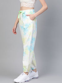 SASSAFRAS Women Off-White & Blue High-Rise Dyed Pure Cotton Joggers
