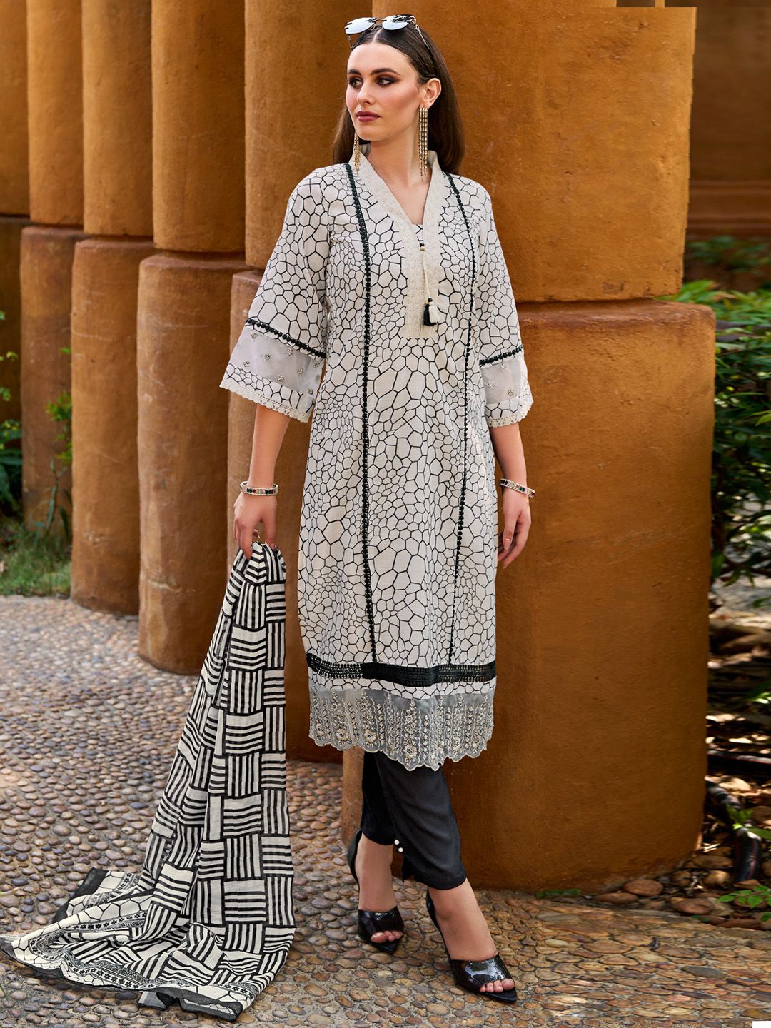 Indo Era Geometric Printed Regular Thread Work Pure Cotton Kurta with Trousers & Dupatta