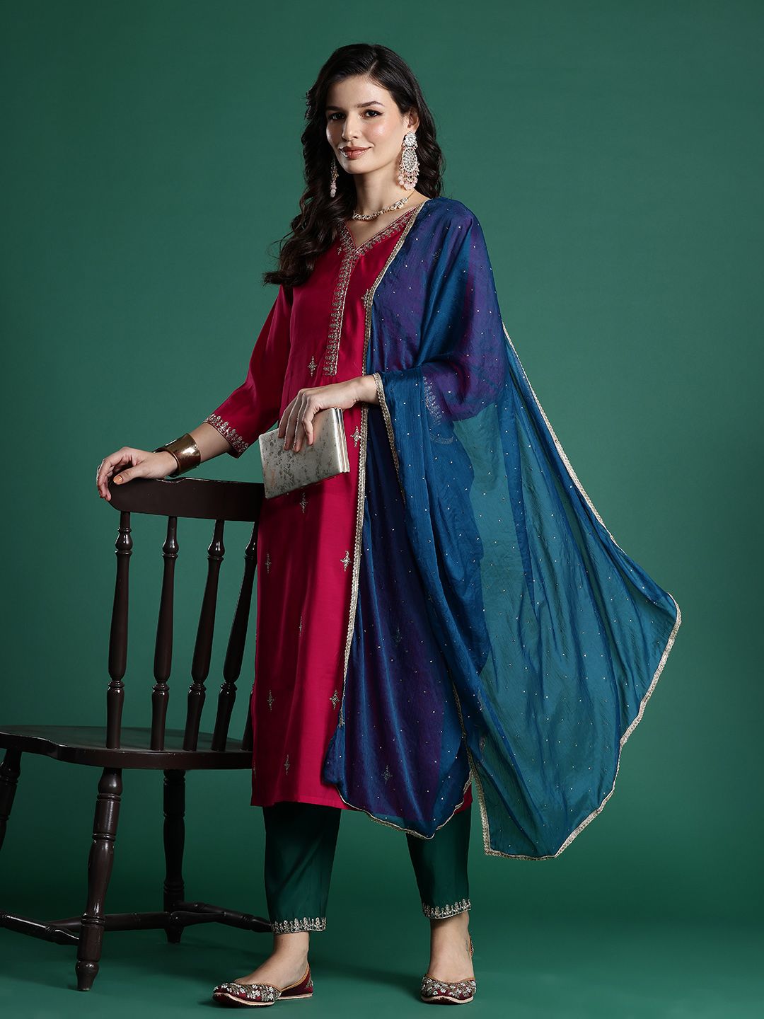 Indo Era Ethnic Motifs Embroidered Zari Kurta With Trousers & Dupatta