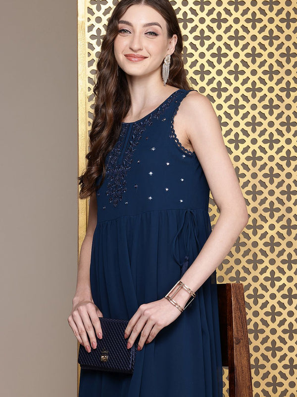 House of Pataudi Floral Embroidered A-Line Midi Jashn Dress