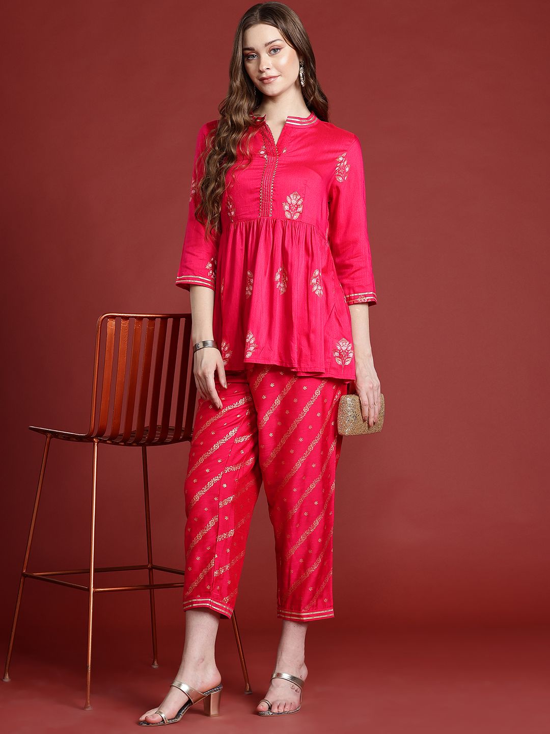 Anouk Ethnic Motifs Printed Pleated Gotta Patti Kurta with Trousers