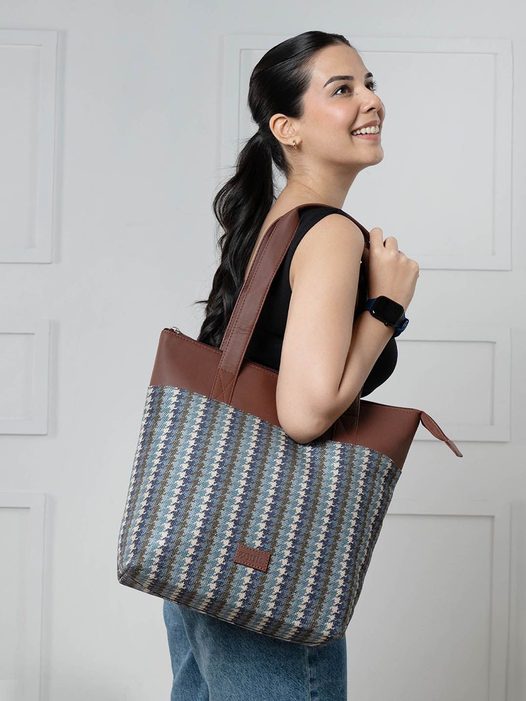ZOUK Geometric Printed Shopper Jute Tote Bag