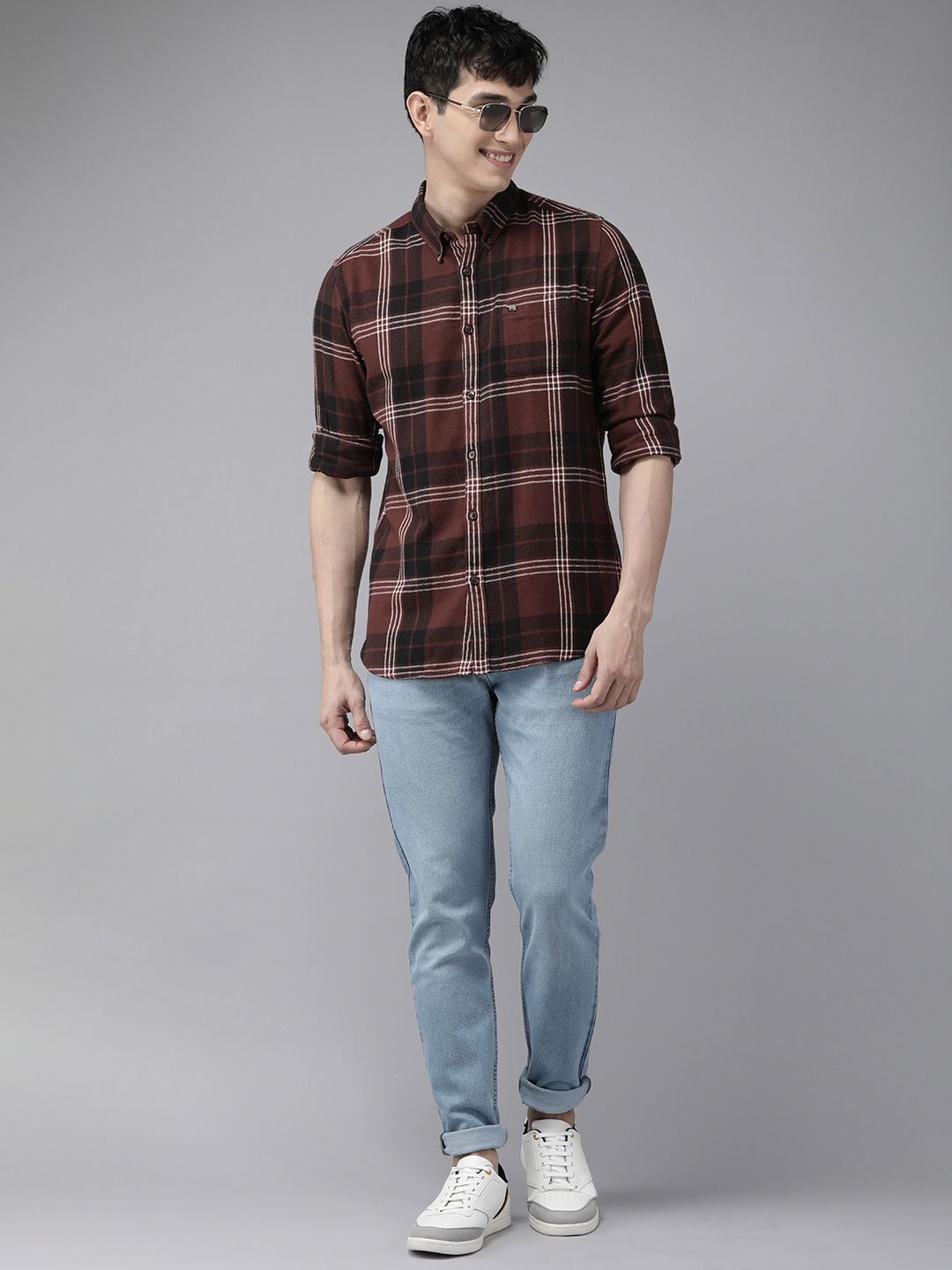 THE BEAR HOUSE Men Brown & Black Slim Fit Tartan Checked Cotton Casual Shirt