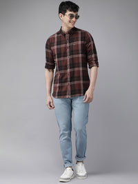 THE BEAR HOUSE Men Brown & Black Slim Fit Tartan Checked Cotton Casual Shirt