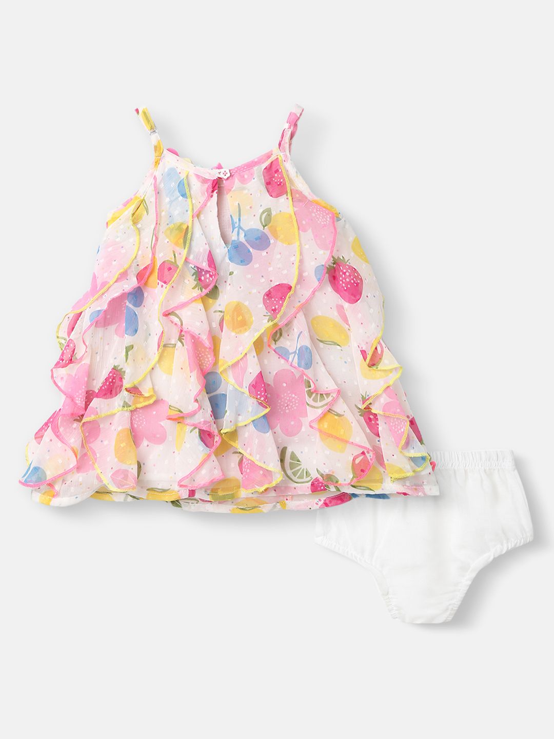 Nauti Nati Girls White & Pink Printed A-Line Dress with Ruffle Detail