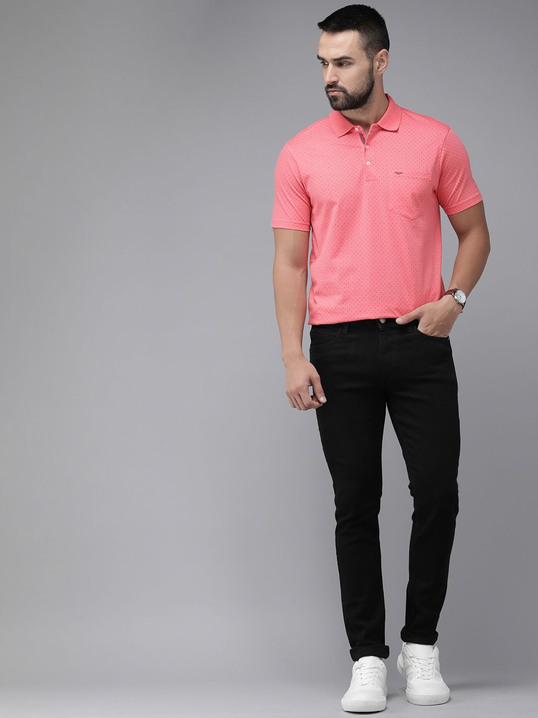 Park Avenue Pure Cotton Geometric Printed Polo Collar Pocket Slim Fit T-shirt
