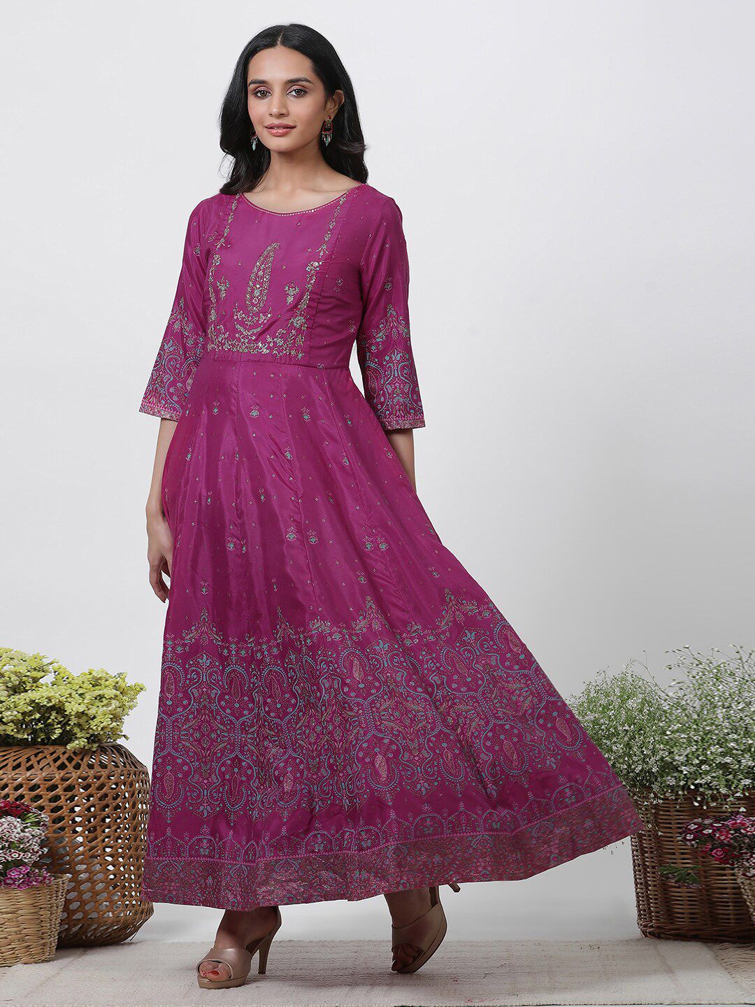 W Ethnic Motifs Printed Round Neck Maxi Ethnic Dress With Dupatta