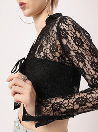 DressBerry Korean Street Sheer Chic Shirt Style Lace Crop Top