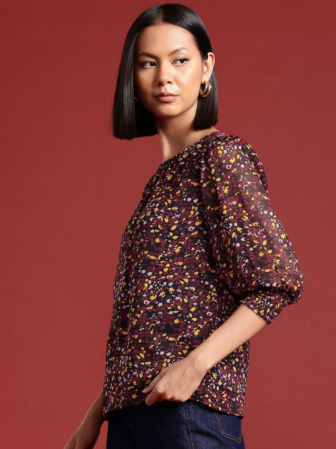 all about you Micro Print Puff Sleeves Top