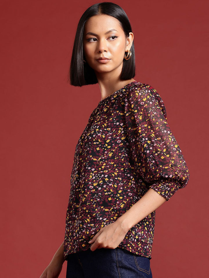 all about you Micro Print Puff Sleeves Top